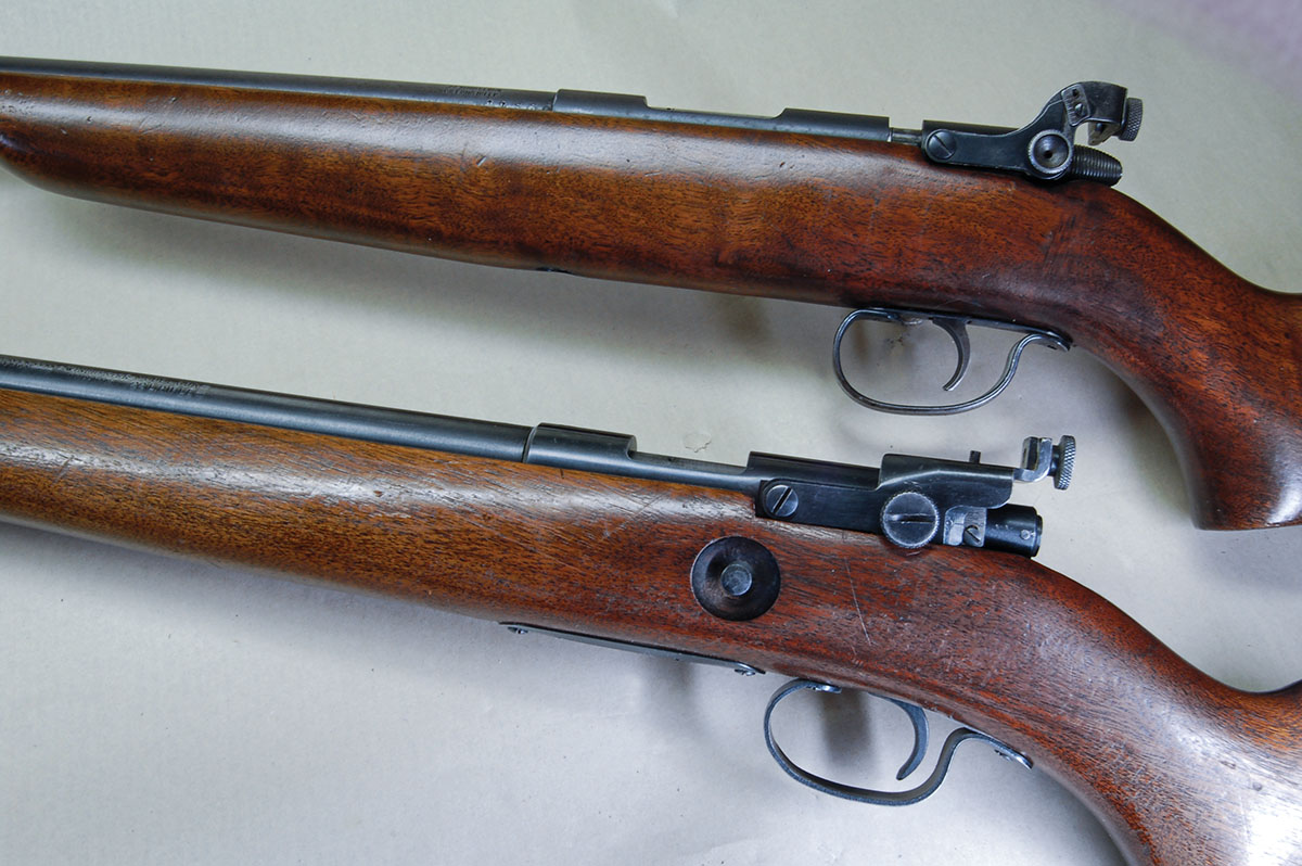 Two seldom seen project rifles. Remington M510 (top) and Winchester M69A (bottom) have no open rear sights. Instead, sheet metal aperture sights are attached to the receivers.